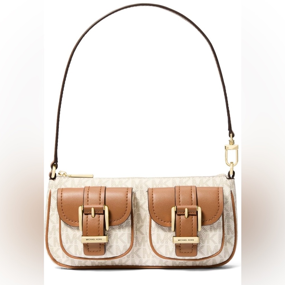 Michael Kors White & Tan Signature Pocket Shoulder Bag